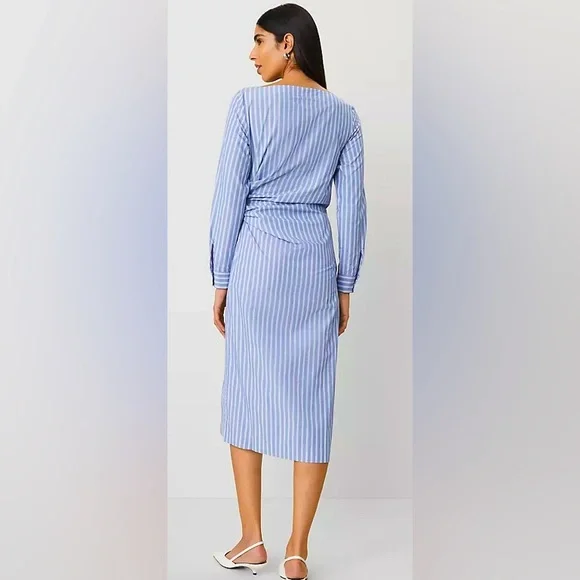 Ann Taylor Blue and White Striped/Long Sleeve Wrap/Midi Shirt Dress/Size 8 - Picture 3 of 6